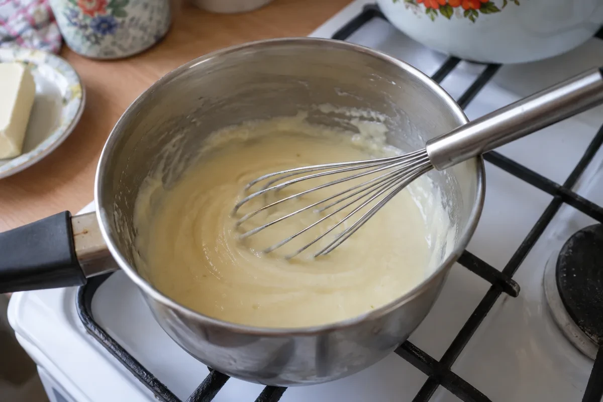 Масло с мукой прогревают в сотейнике до светлой пасты