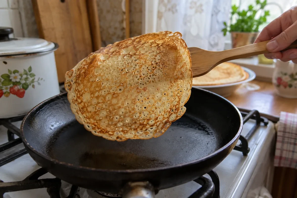 Золотистый блин с дырочками переворачивают деревянной лопаткой