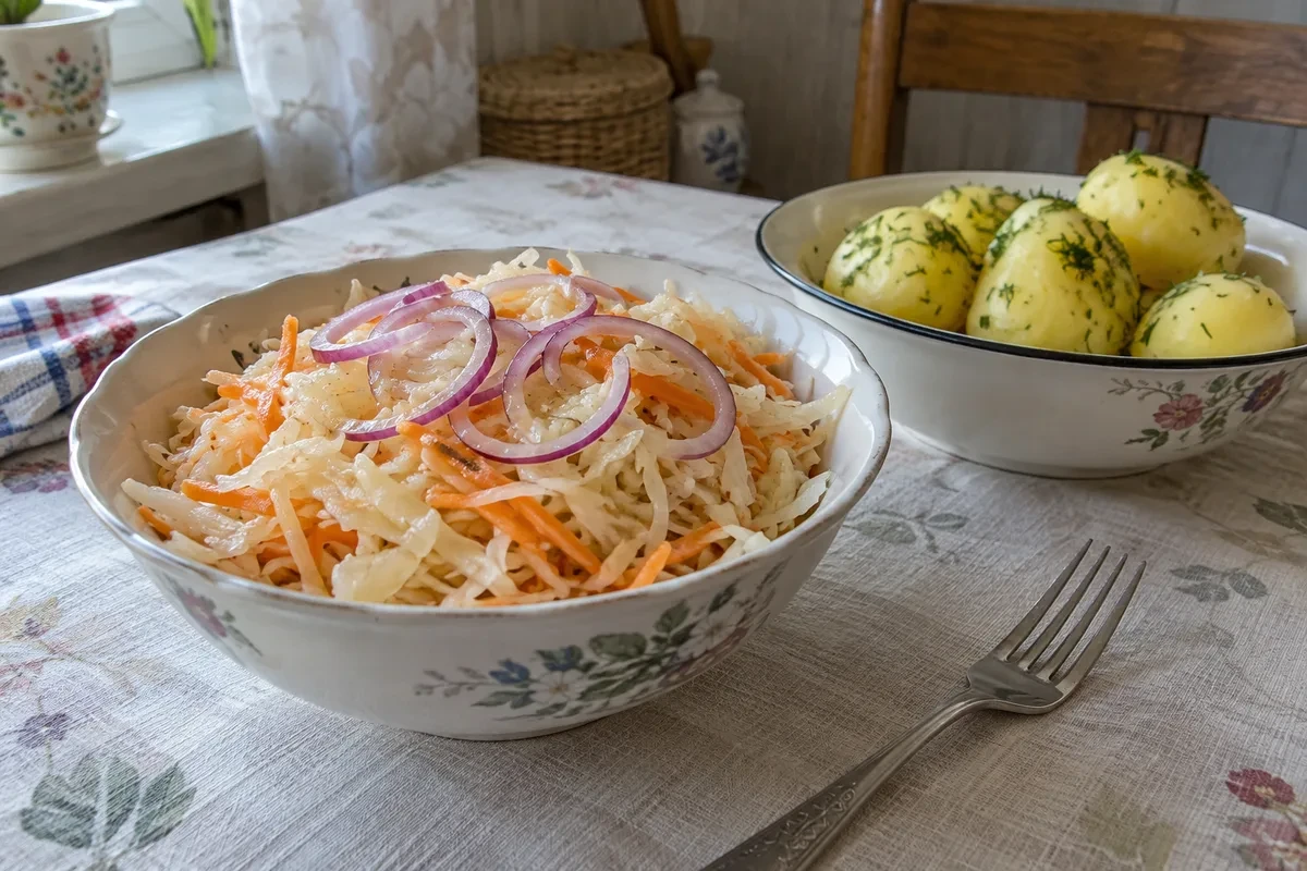 Готовая маринованная капуста с луком и маслом
