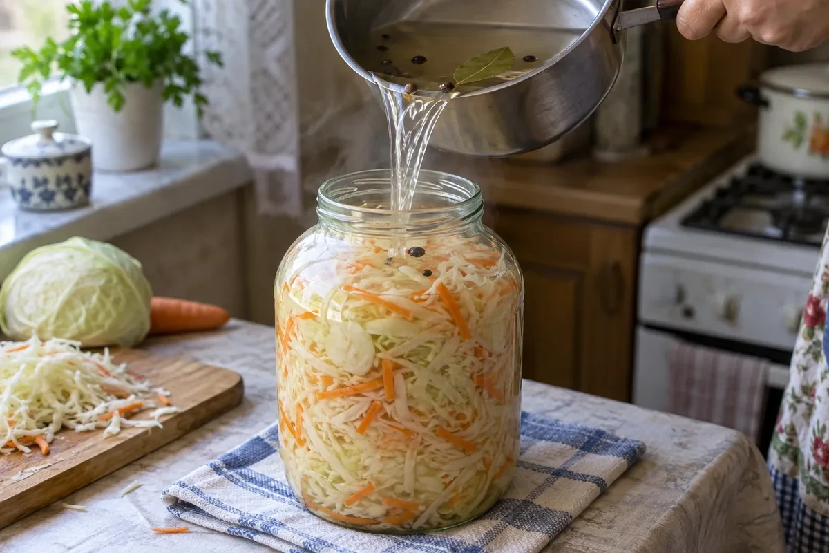 Горячий маринад заливают в банку с капустой
