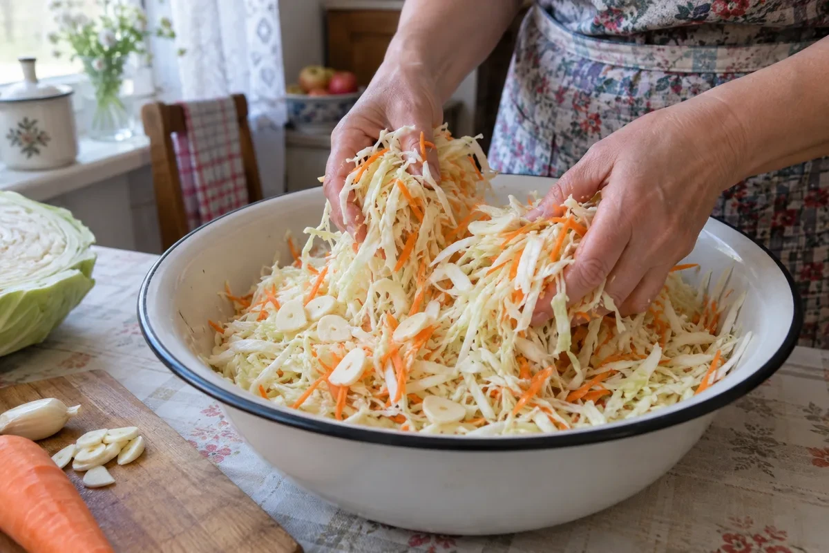 Нашинкованная капуста с морковью и чесноком