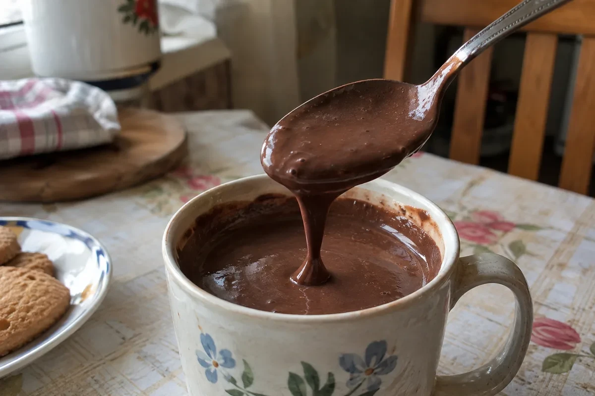 Густой горячий шоколад стекает с ложки
