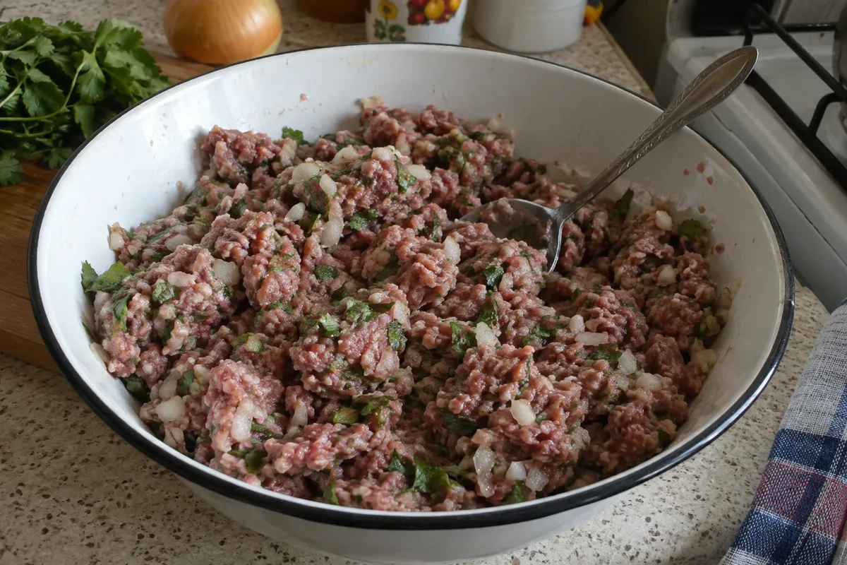 Фарш из говядины и свинины с луком, кинзой и водой в миске