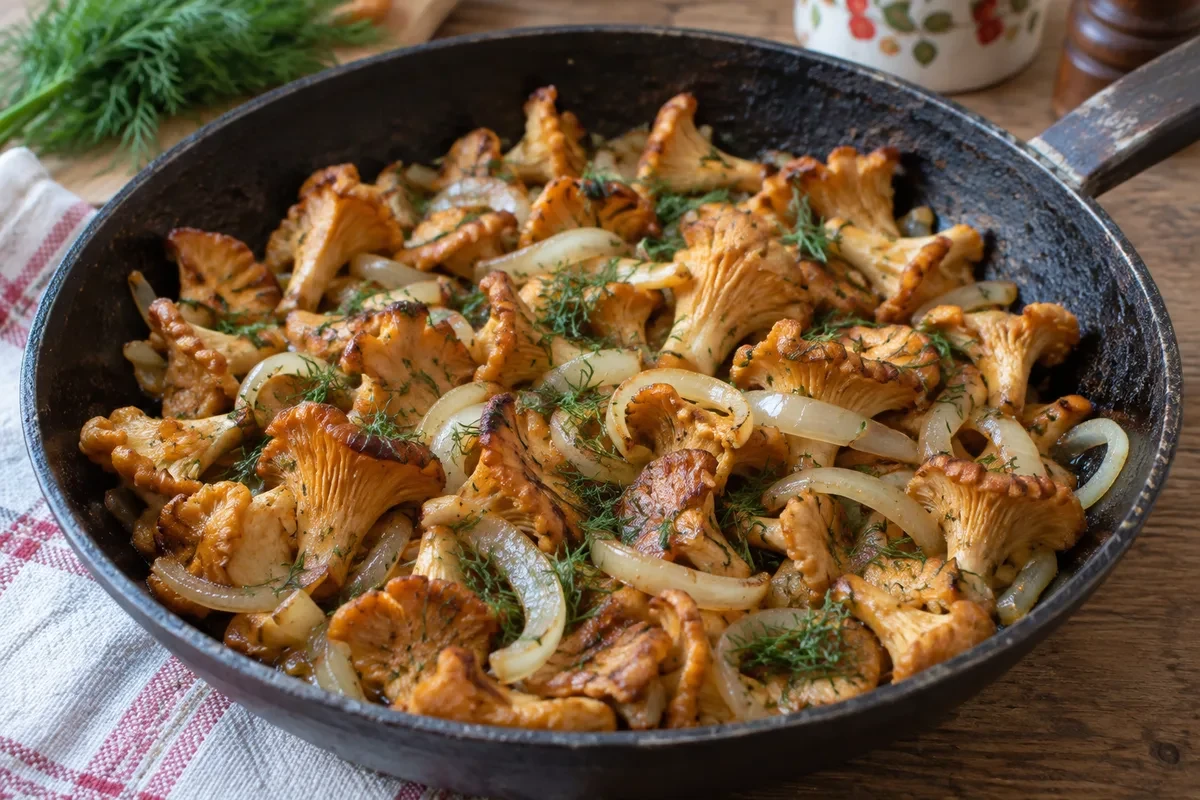 Жареные лисички с луком, сливочным маслом и укропом на сковороде