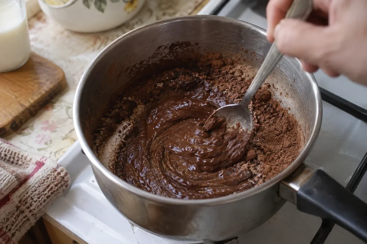 Какао-порошок растирают с сахаром и молоком в пасту