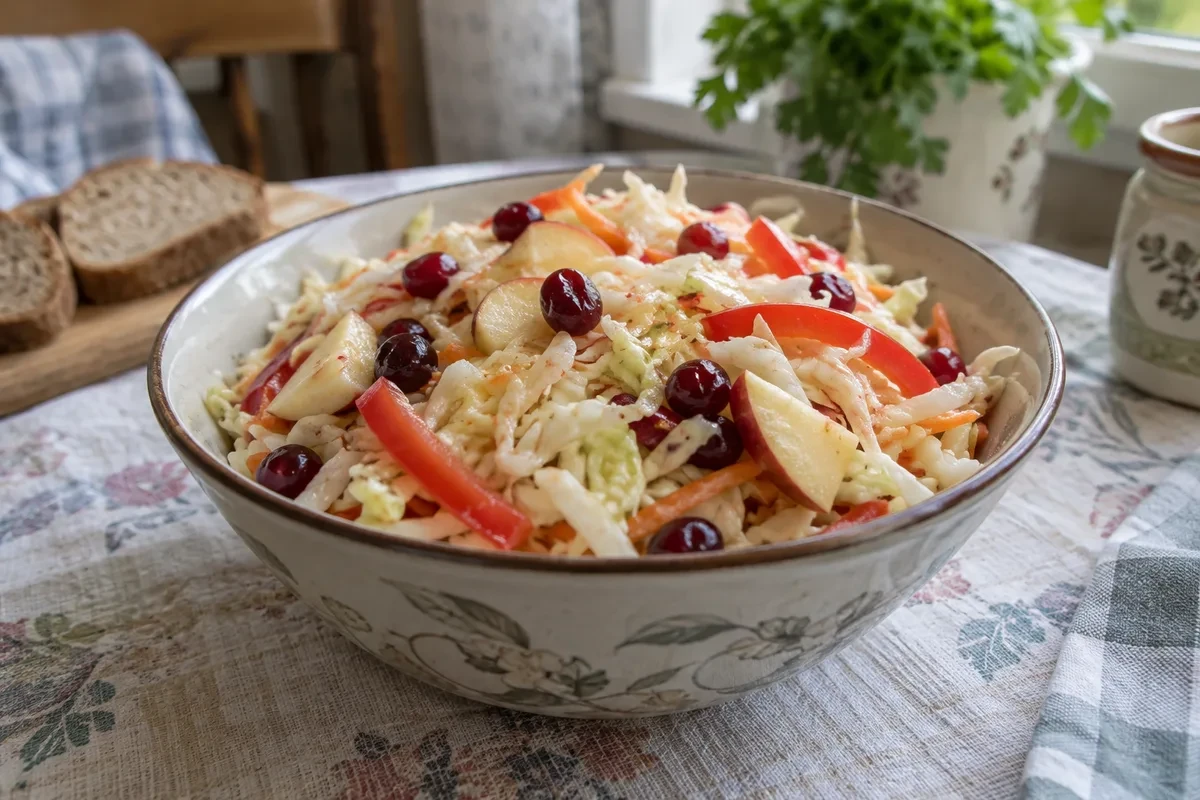 Миска капусты провансаль с клюквой, полосками сладкого перца и дольками яблока