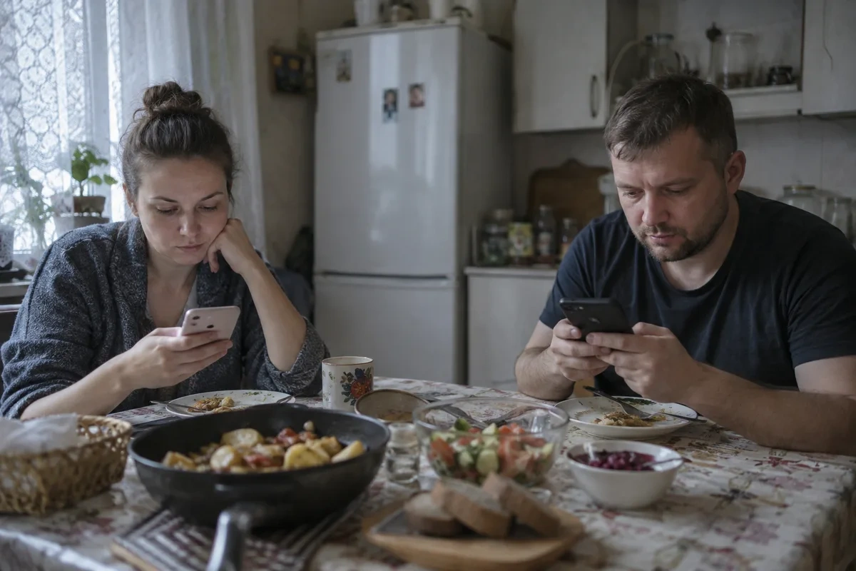 Пара молча ужинает, каждый смотрит в свой телефон