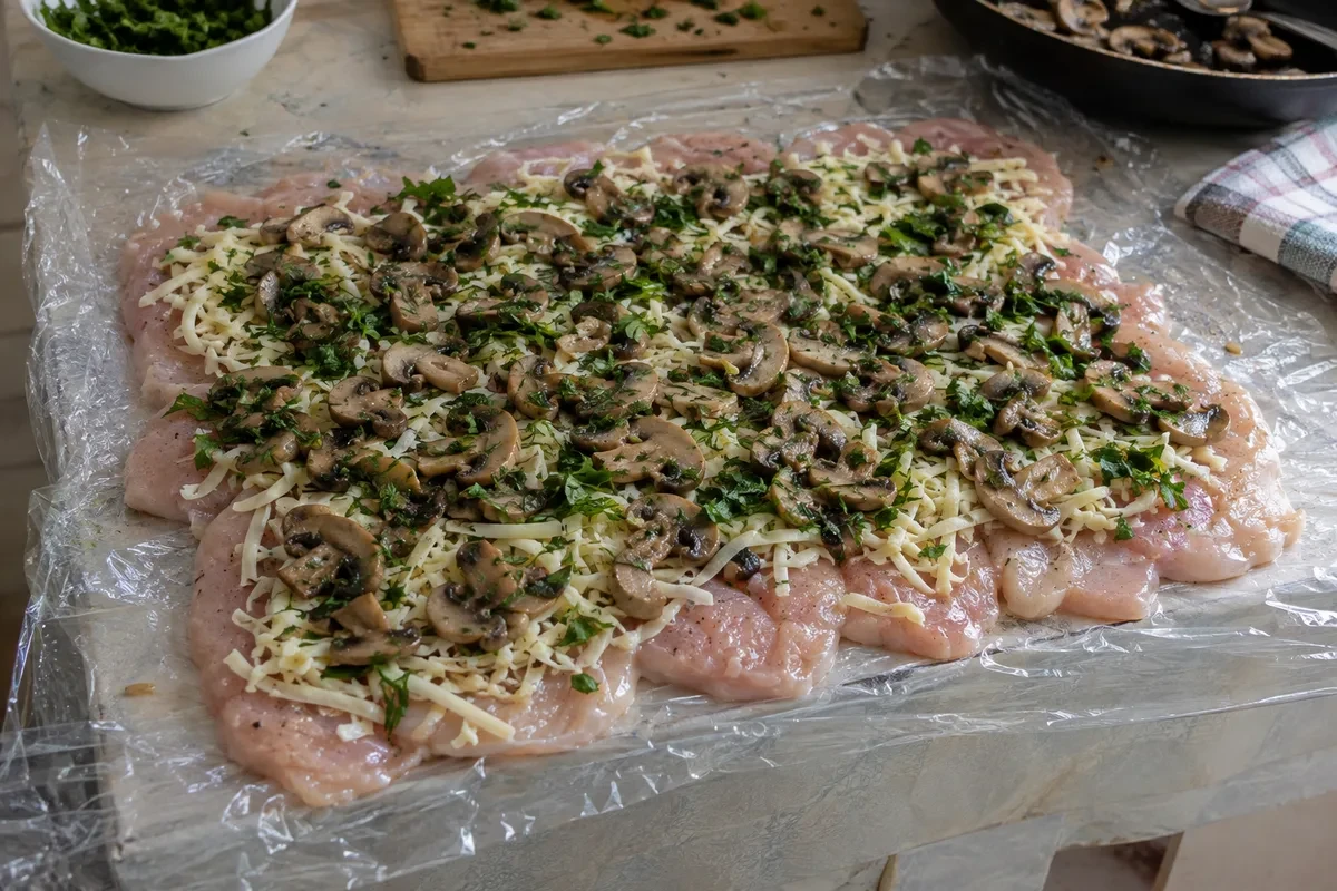 Отбитое куриное филе внахлёст с сыром, зеленью и грибами на плёнке