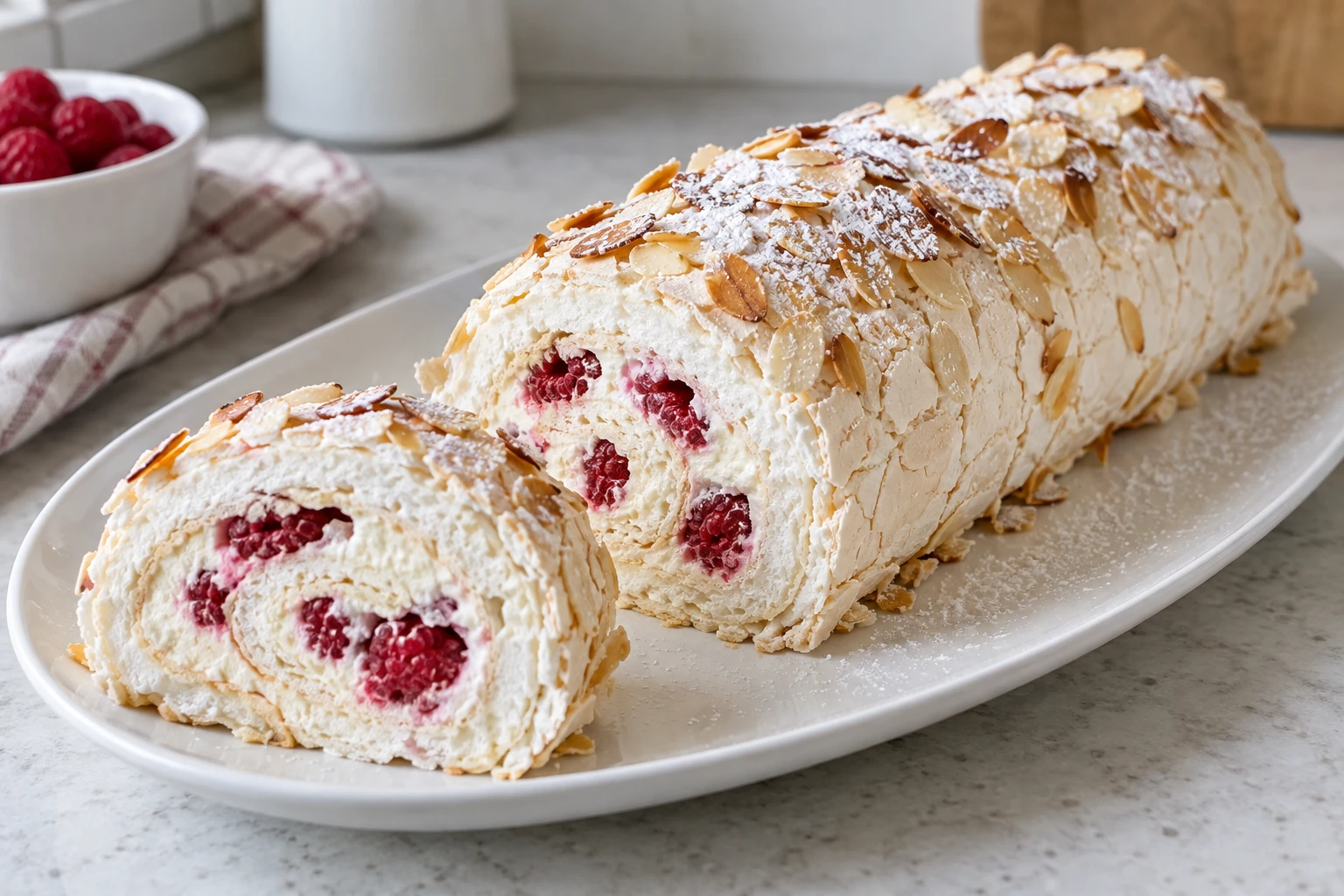 Меренговый рулет с миндалём, белым кремом и малиной; отрезанный кусок показывает мягкую меренгу и начинку