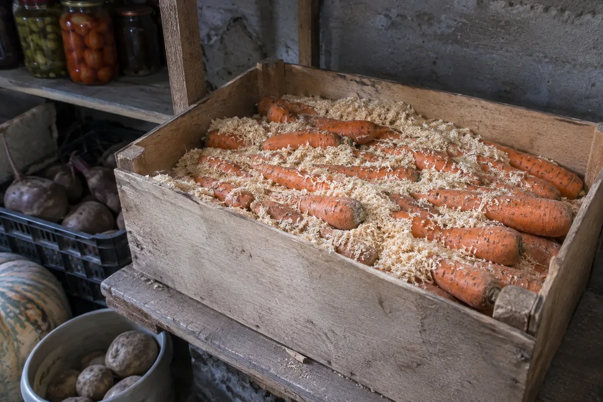 Морковь, пересыпанная хвойными опилками