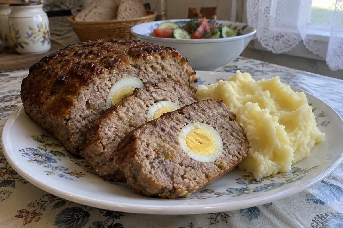 Запечённый мясной рулет нарезан ломтями, в центре каждого — варёное яйцо, рядом картофельное пюре
