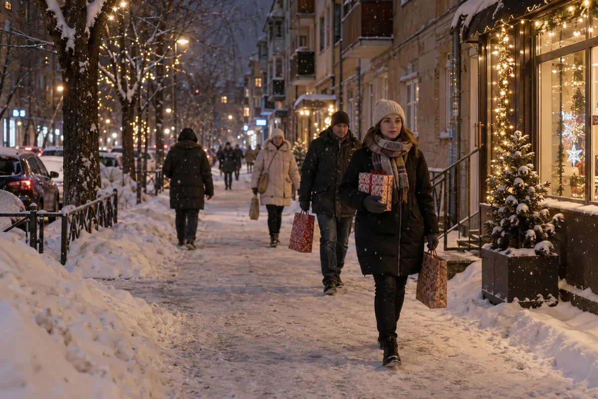 Заснеженная улица в новогоднюю ночь, свет в окнах