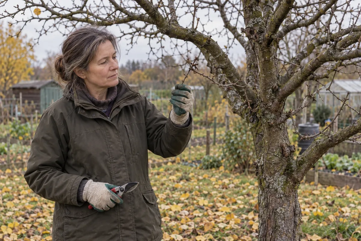 Осенью после листопада садовод в перчатках осматривает сухую ветку яблони, секатор опущен