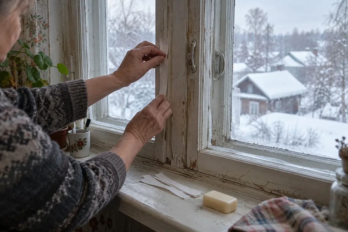 Старое деревянное окно заклеивают полосками бумаги на мыле