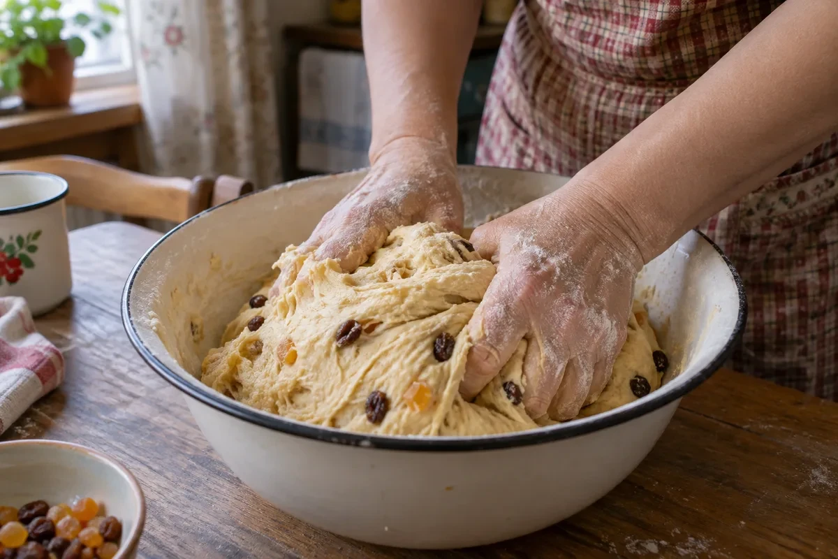 Сдобное тесто с цукатами и изюмом вымешивают руками