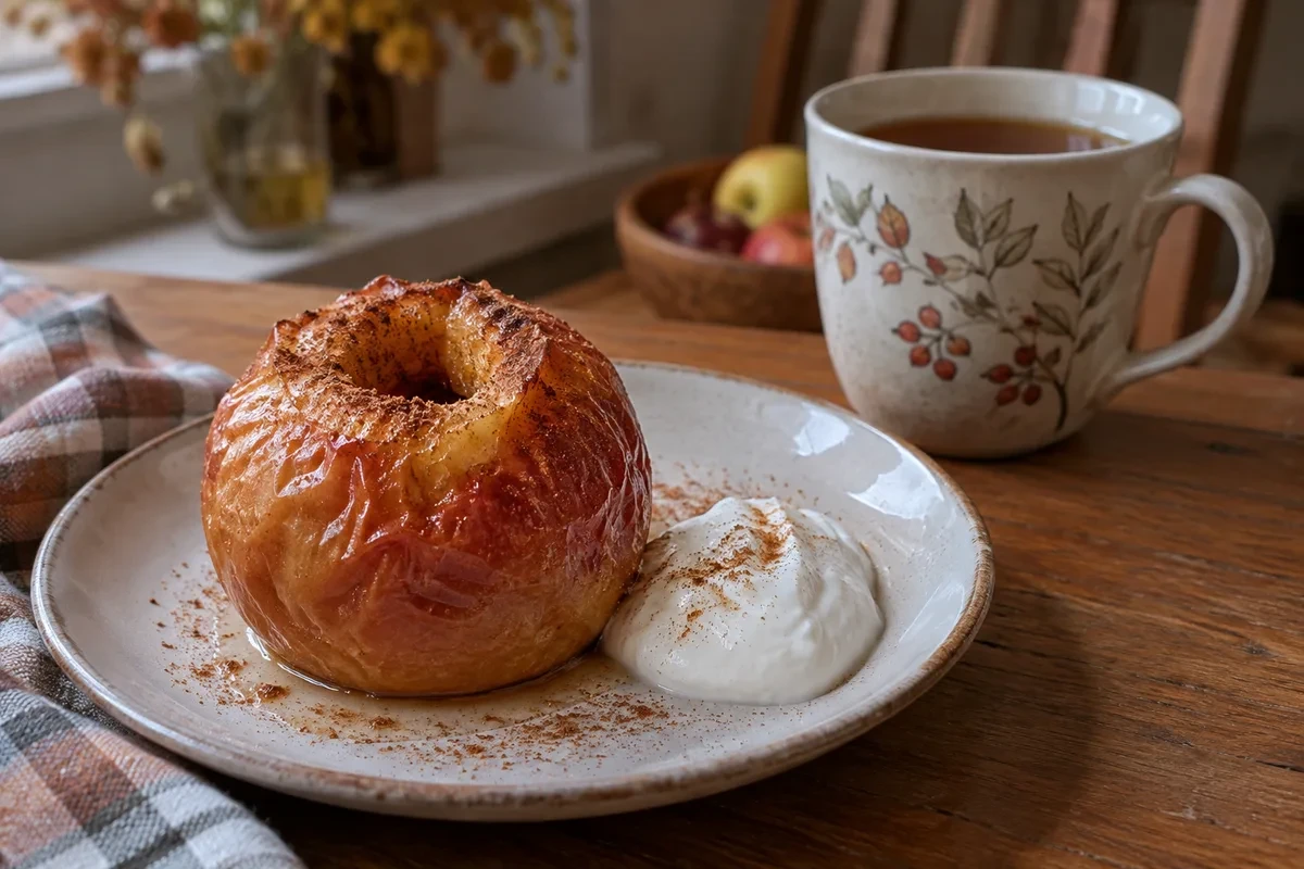 Печёное яблоко с корицей и ложкой йогурта на тарелке, чашка чая