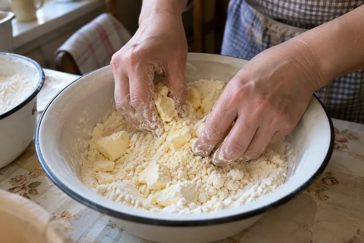 Холодное масло перетирают с мукой в крошку кончиками пальцев