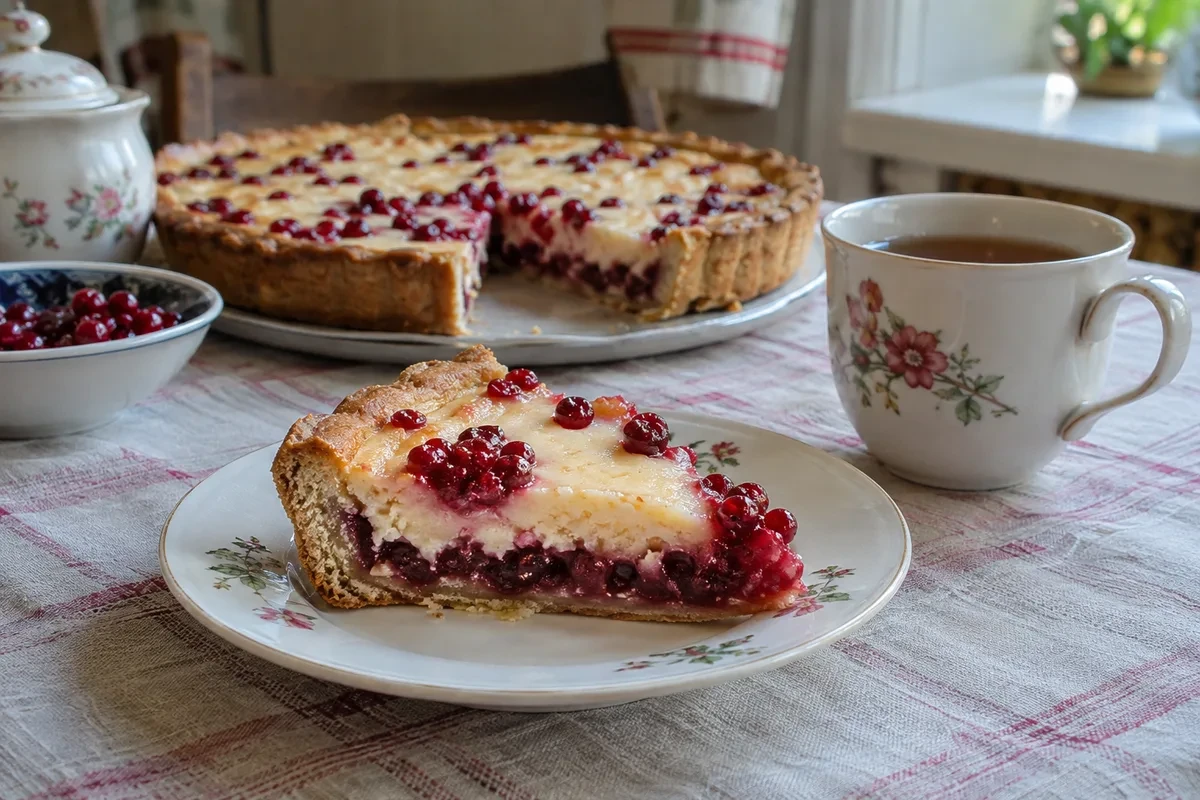 Кусок пирога с брусникой и сметанной заливкой, чашка чая