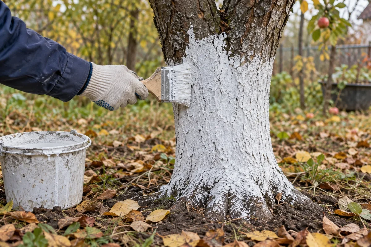 Широкой кистью наносят белый слой на нижнюю часть ствола, прокрашивая трещины коры