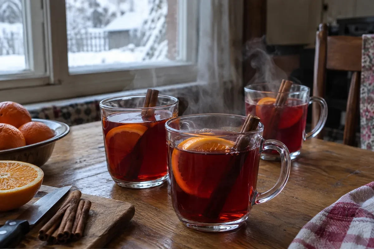 Стеклянные кружки с красным горячим пуншем, дольками апельсина и палочками корицы
