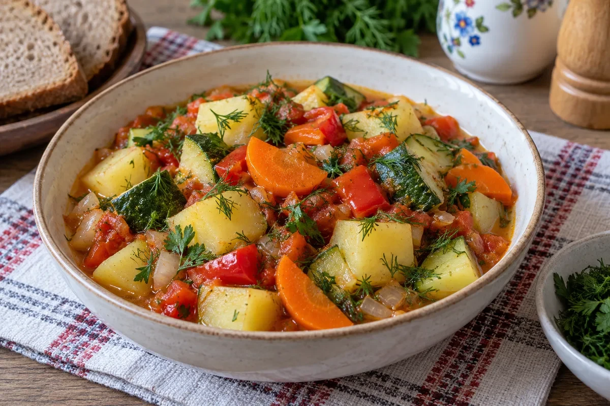 Овощное рагу с кабачками, картошкой, морковью и перцем в керамической миске с зеленью