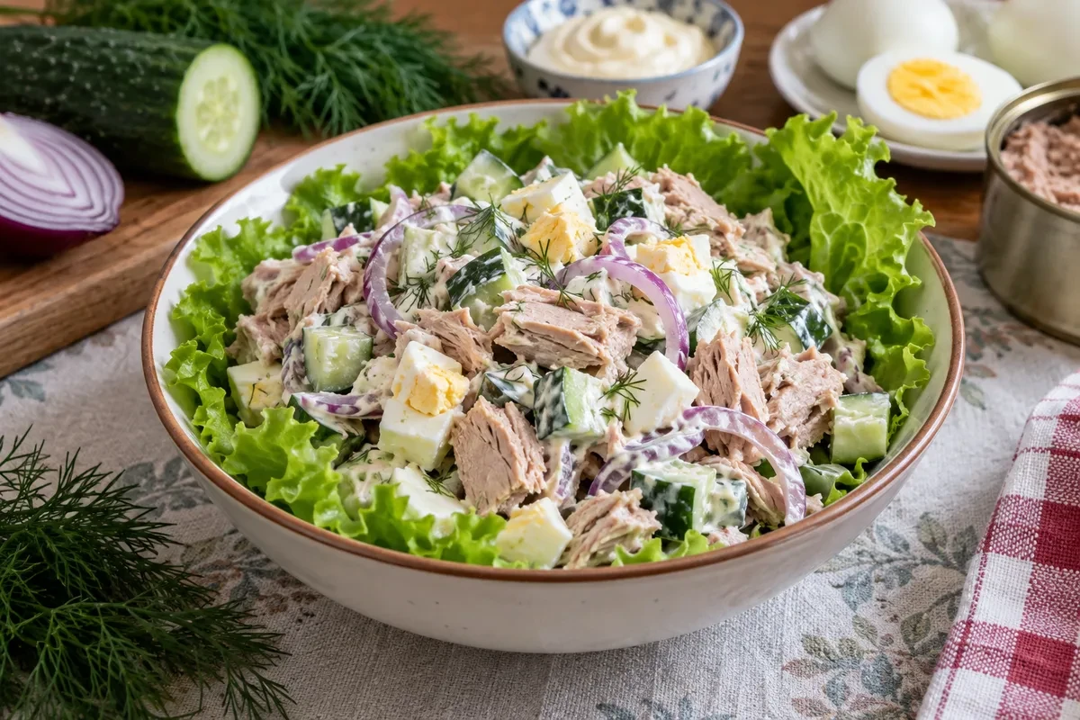 Салат с консервированным тунцом, яйцом, огурцом и красным луком на листьях салата