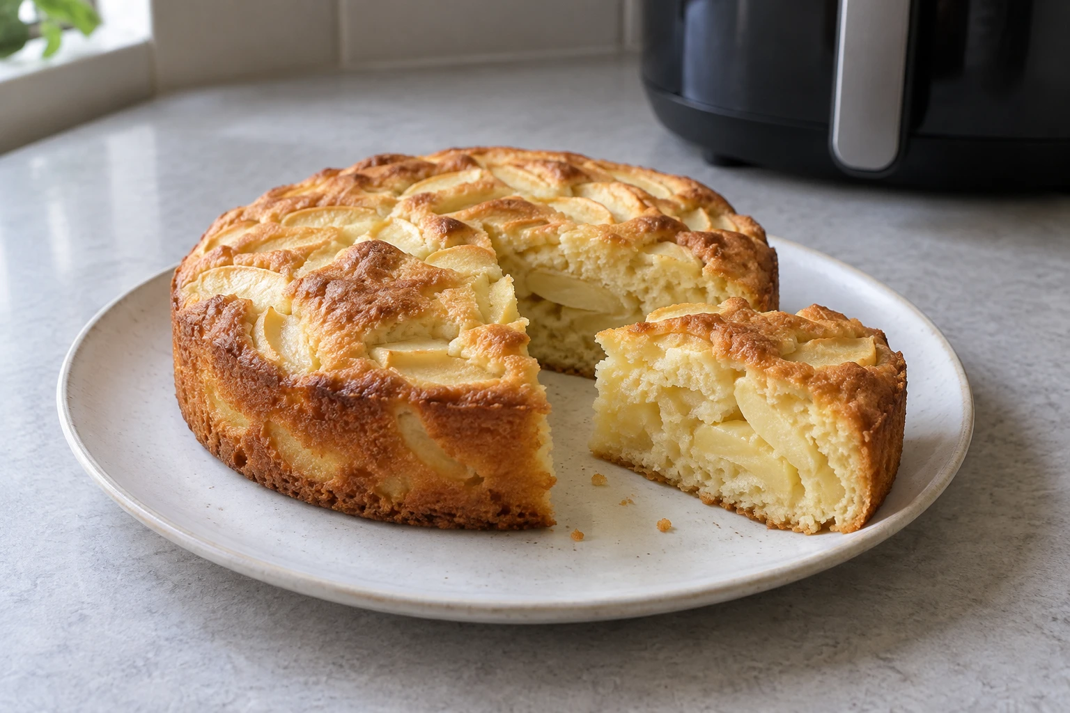 Небольшая шарлотка без посыпки, отделённый кусок показывает пропечённый мякиш с яблоками