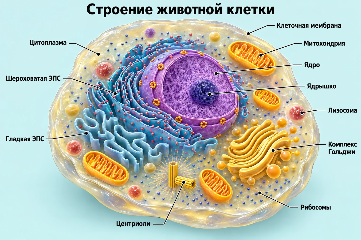 Схема животной клетки: плазматическая мембрана, ядро с ядрышком, митохондрии, шероховатая и гладкая эндоплазматическая сеть, комплекс Гольджи, лизосомы, рибосомы, центриоли