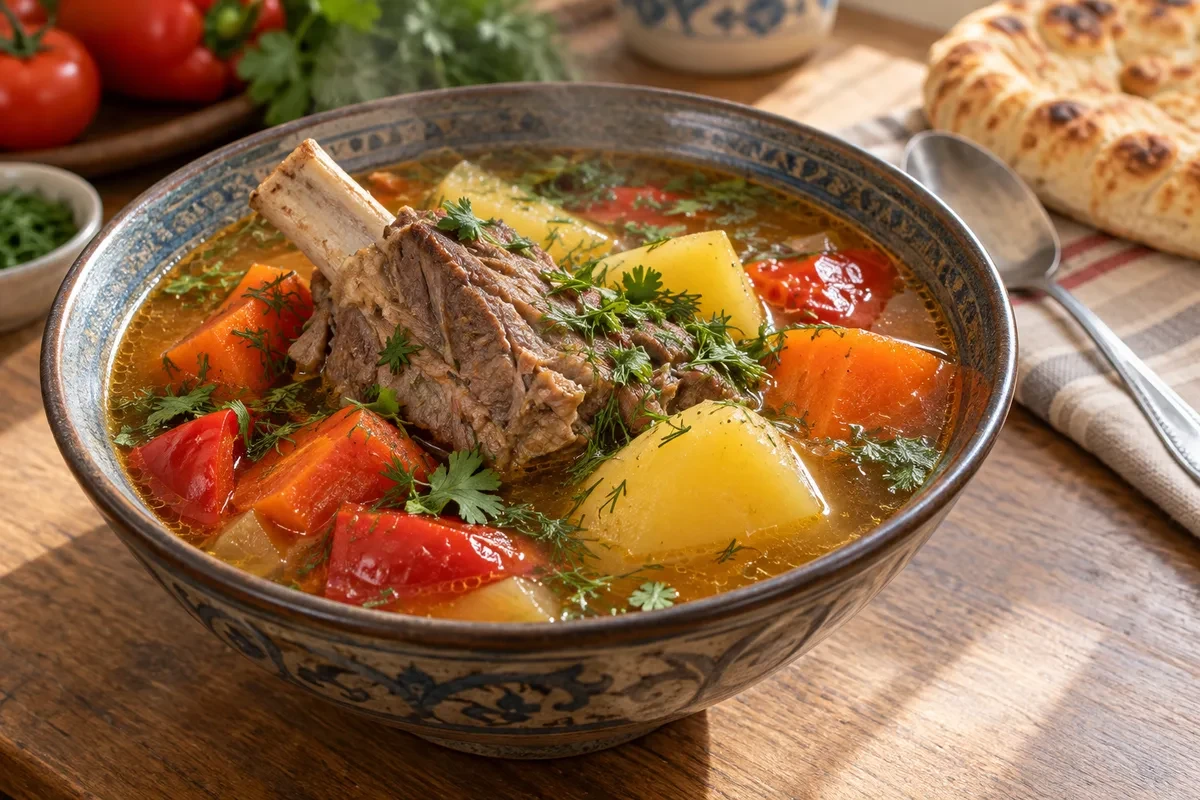 Шурпа из баранины с ребром, картофелем, морковью и перцем в прозрачном бульоне
