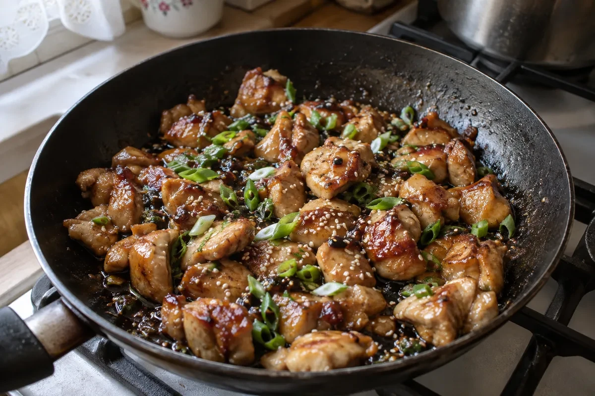 Кусочки курицы в глянцевом соусе терияки на сковороде с кунжутом