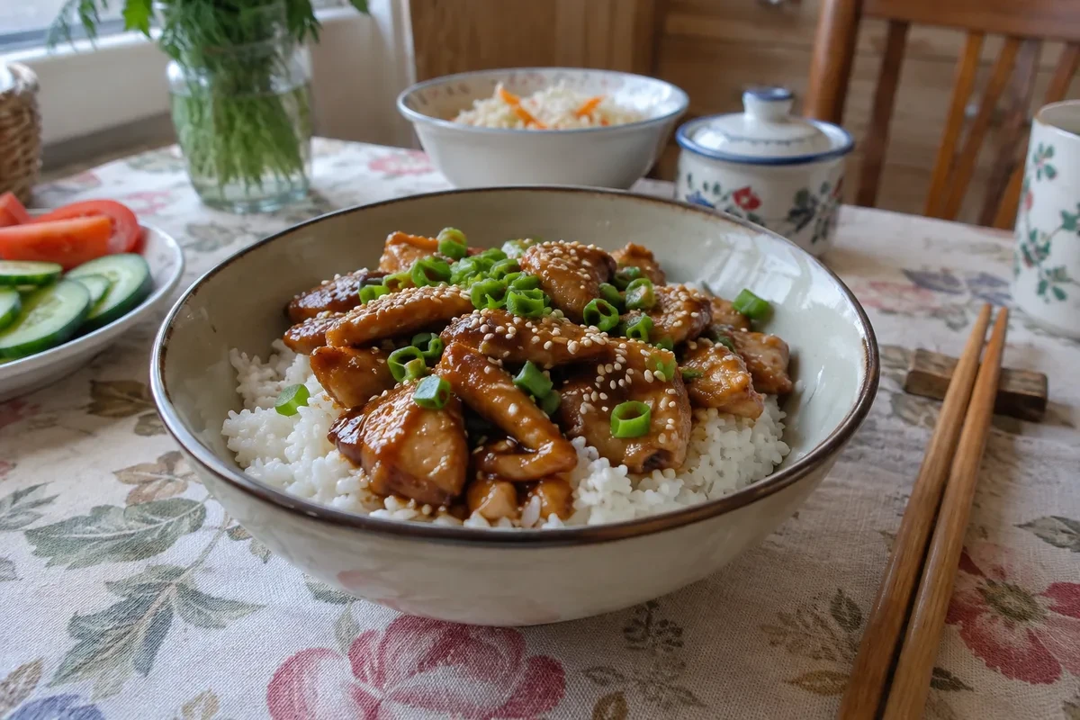 Рис с курицей в соусе терияки, кунжутом и зелёным луком
