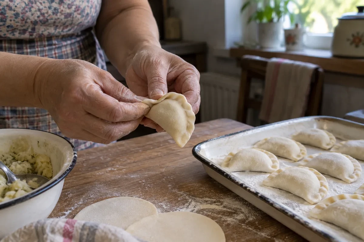 Вареник защипывают по краю, рядом доска с готовыми варениками