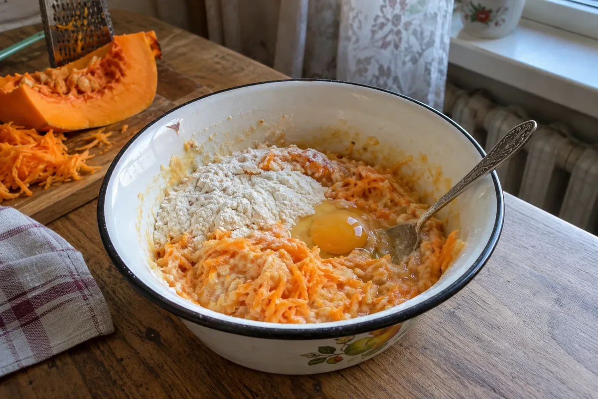Тесто для тыквенных оладий с тёртой тыквой в миске