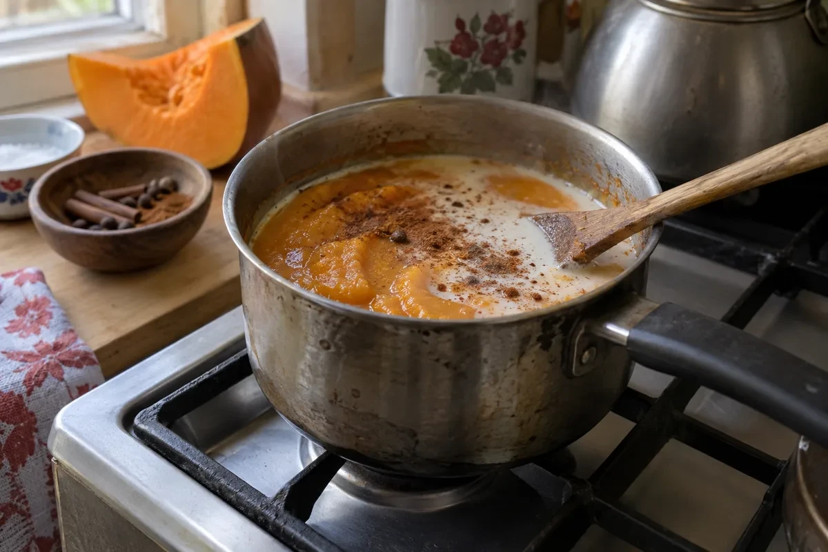 Тыквенное пюре с молоком и специями прогревают в сотейнике