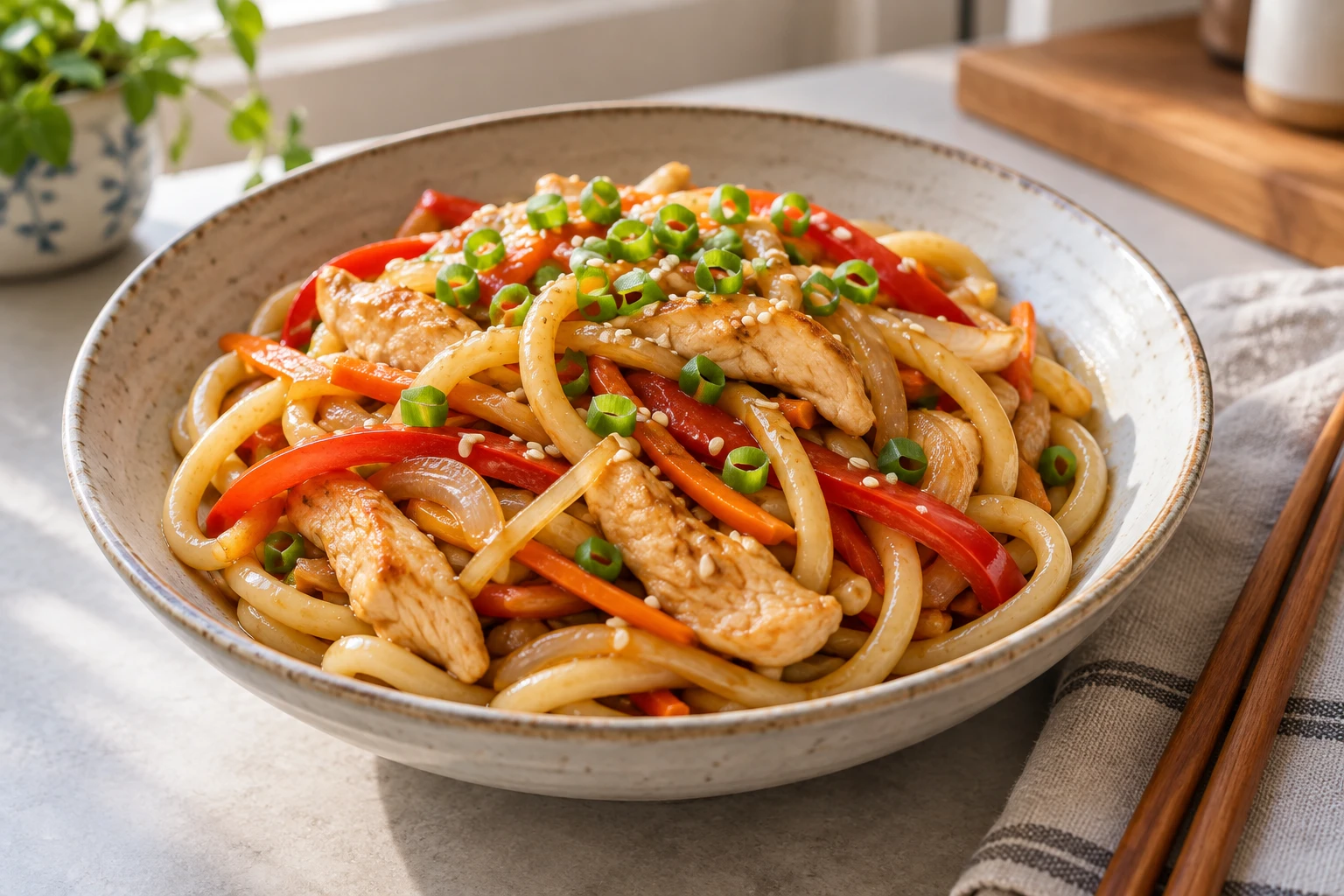 Толстая лапша удон с готовыми полосками курицы, сладким перцем, морковью, луком, кунжутом и зелёным луком