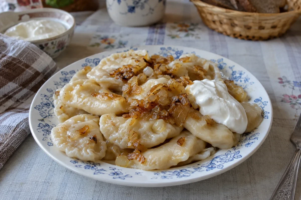 Вареники с картошкой, жареным луком и сметаной на тарелке