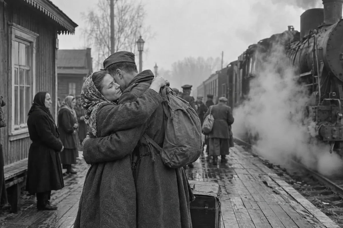 Встреча вернувшегося солдата на вокзале